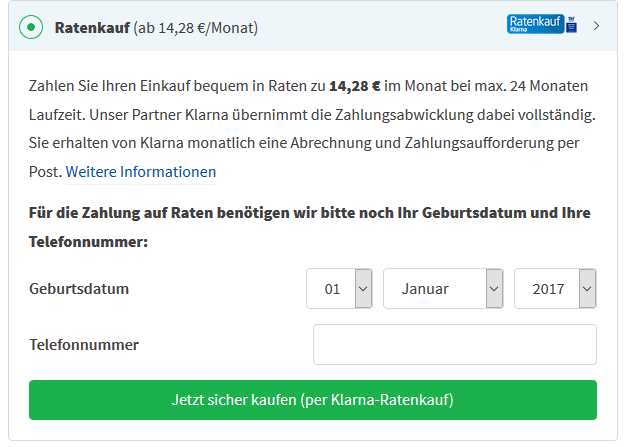 1. Schritt: Auswahl der Ratenzahlung bei Klarna